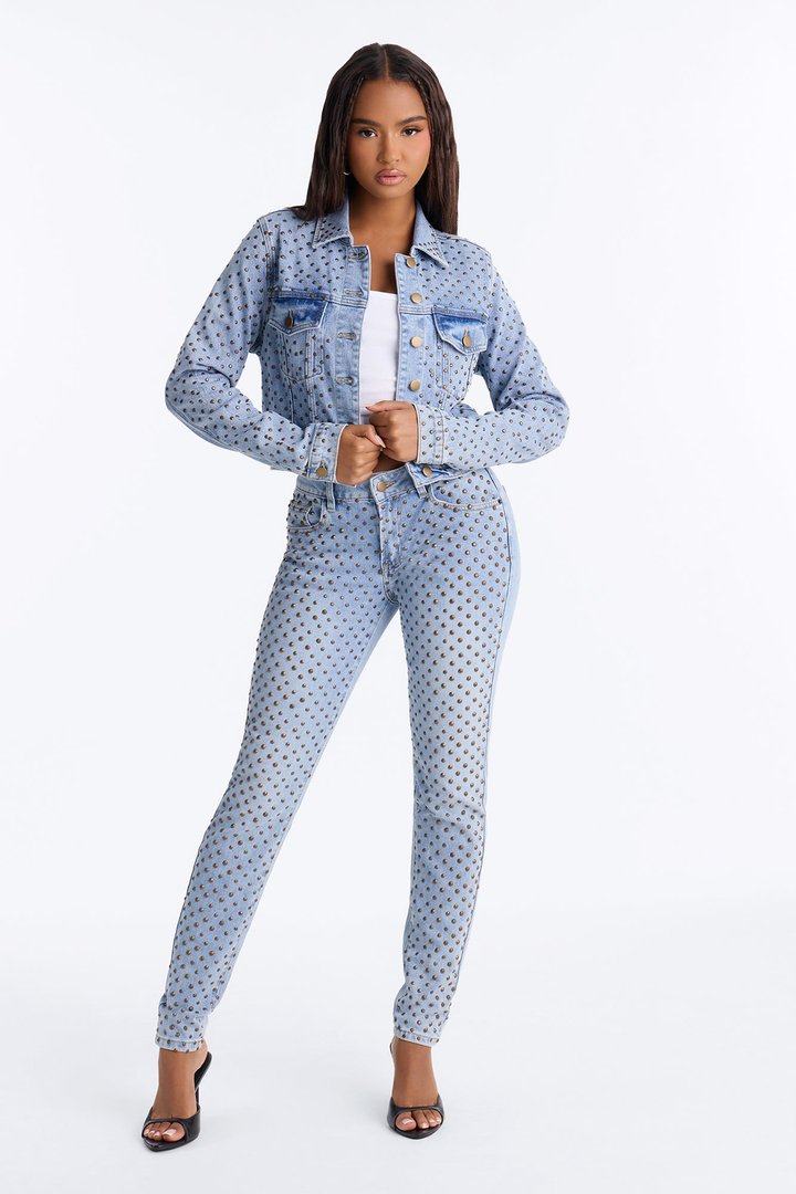 Paris Premium Stud Embellished Denim Jacket - Light Wash