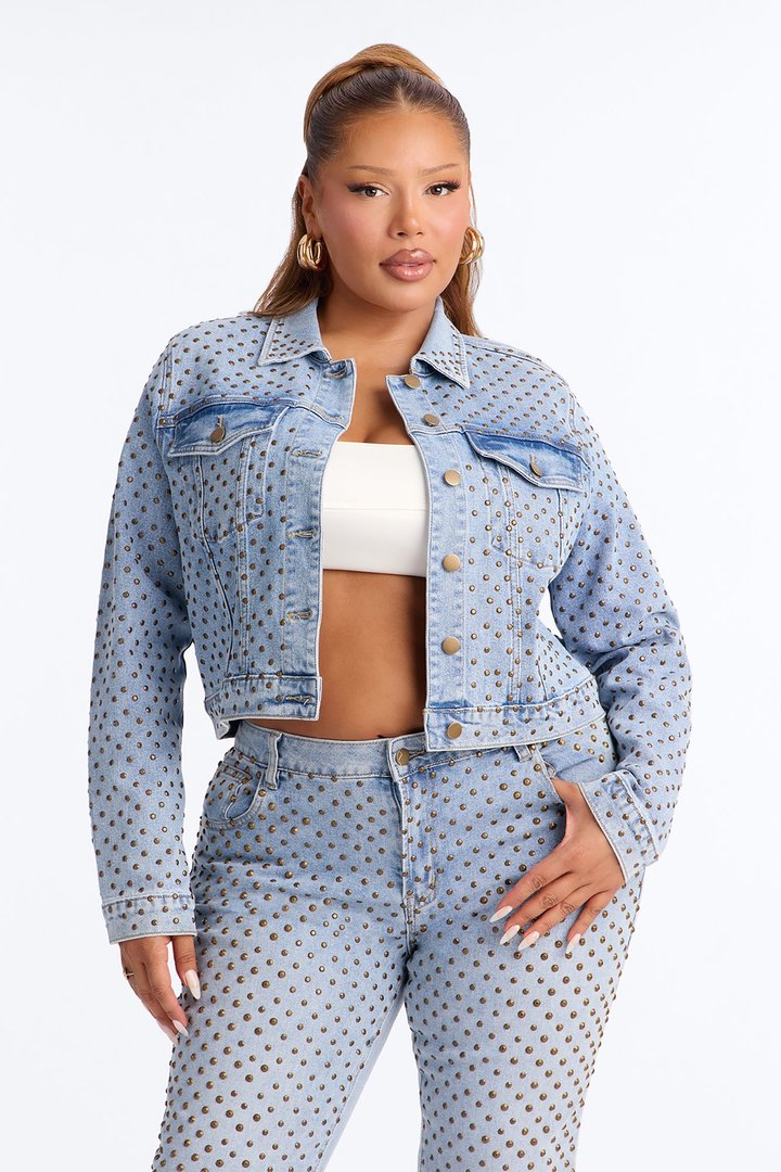 Paris Premium Stud Embellished Denim Jacket - Light Wash