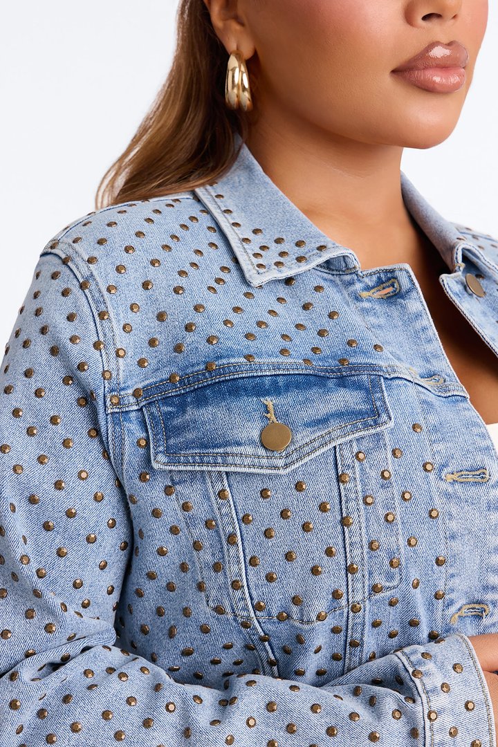 Paris Premium Stud Embellished Denim Jacket - Light Wash