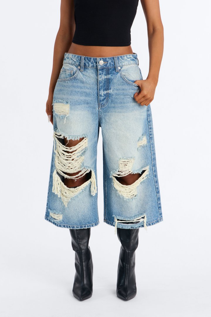 Mott St. Ripped Culotte Jeans - Vintage Wash