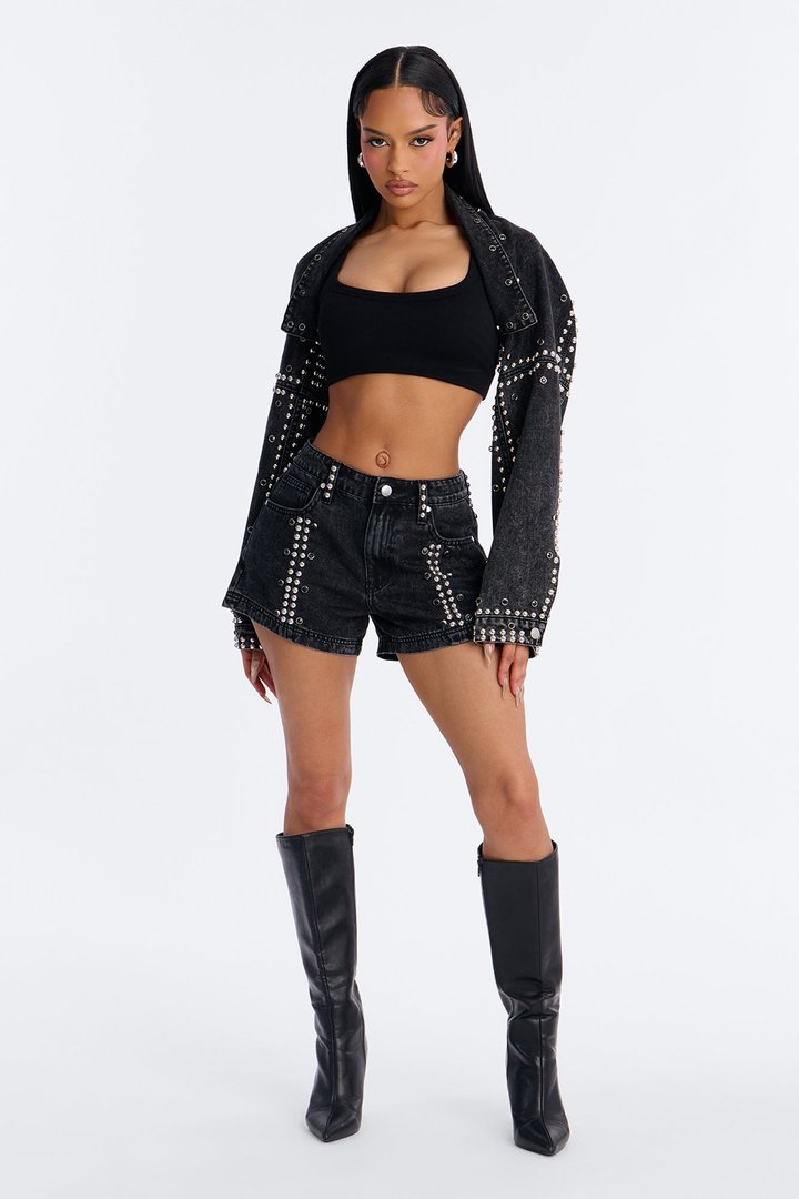 Hollywood Studded High Rise Denim Shorts - Black Wash