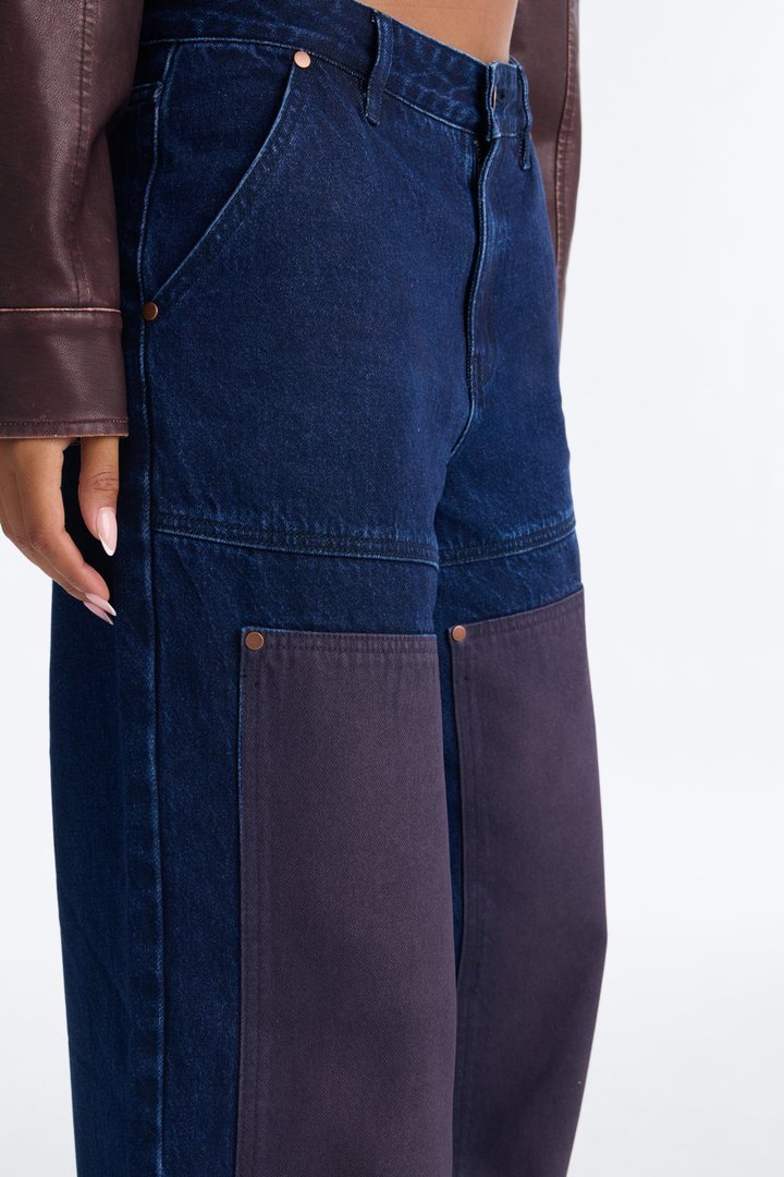 Portia Paneled Utility Baggy Jeans - Dark Wash