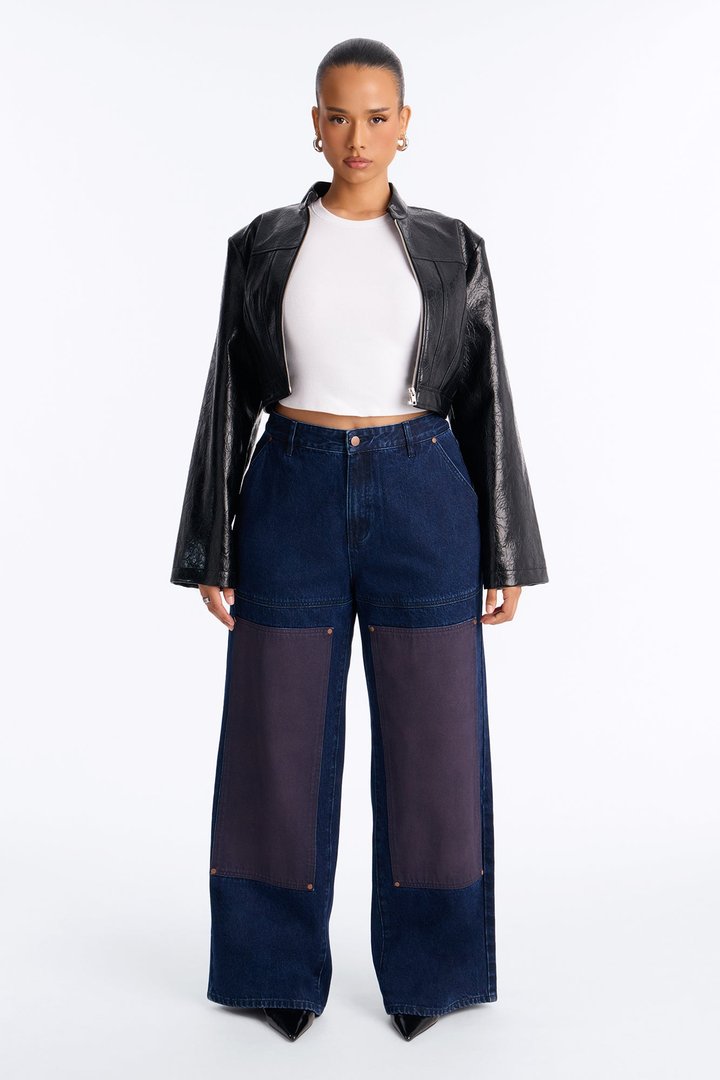 Portia Paneled Utility Baggy Jeans - Dark Wash