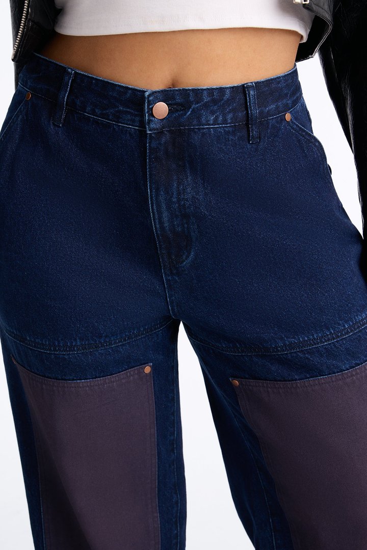 Portia Paneled Utility Baggy Jeans - Dark Wash