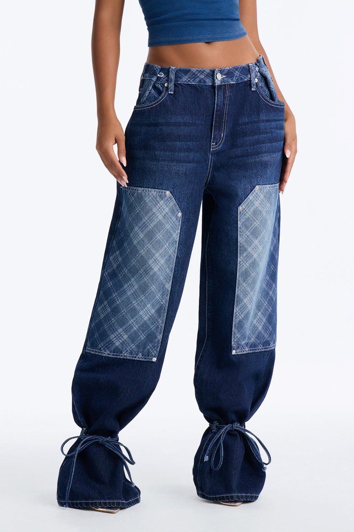 Gridlock Utility Waist Adjuster Wide Leg Jeans - Dark Wash