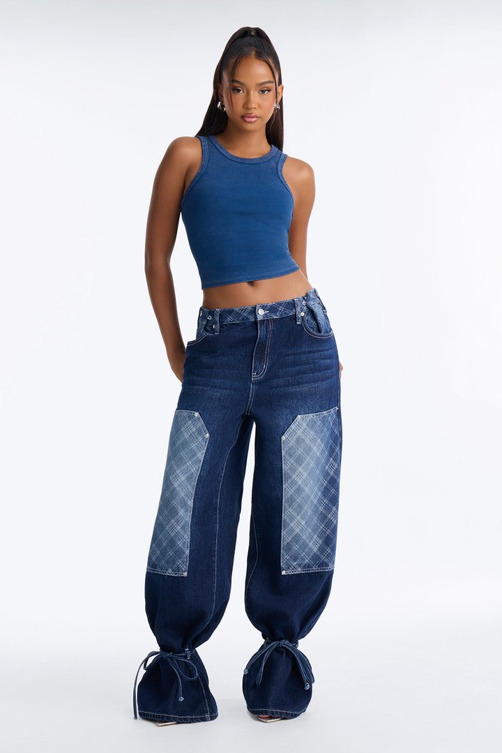 Gridlock Utility Waist Adjuster Wide Leg Jeans - Dark Wash