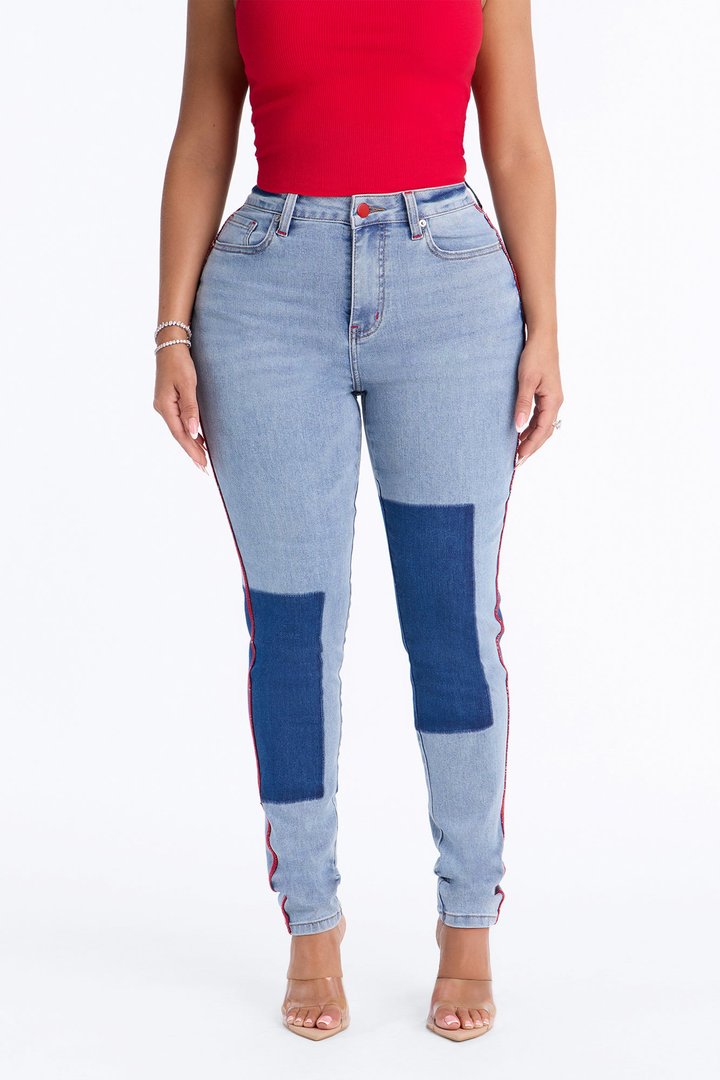Fast Track Two Tone High Rise Skinny Jeans - Medium Wash