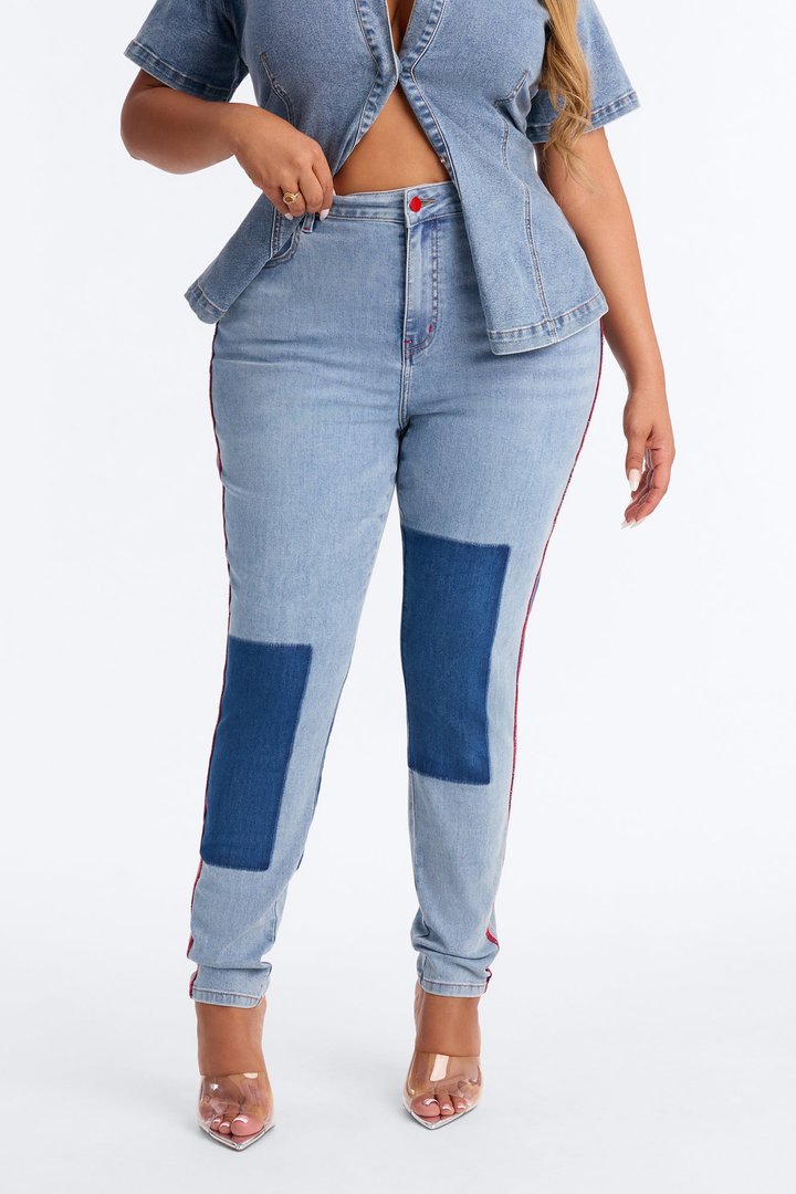 Fast Track Two Tone High Rise Skinny Jeans - Medium Wash