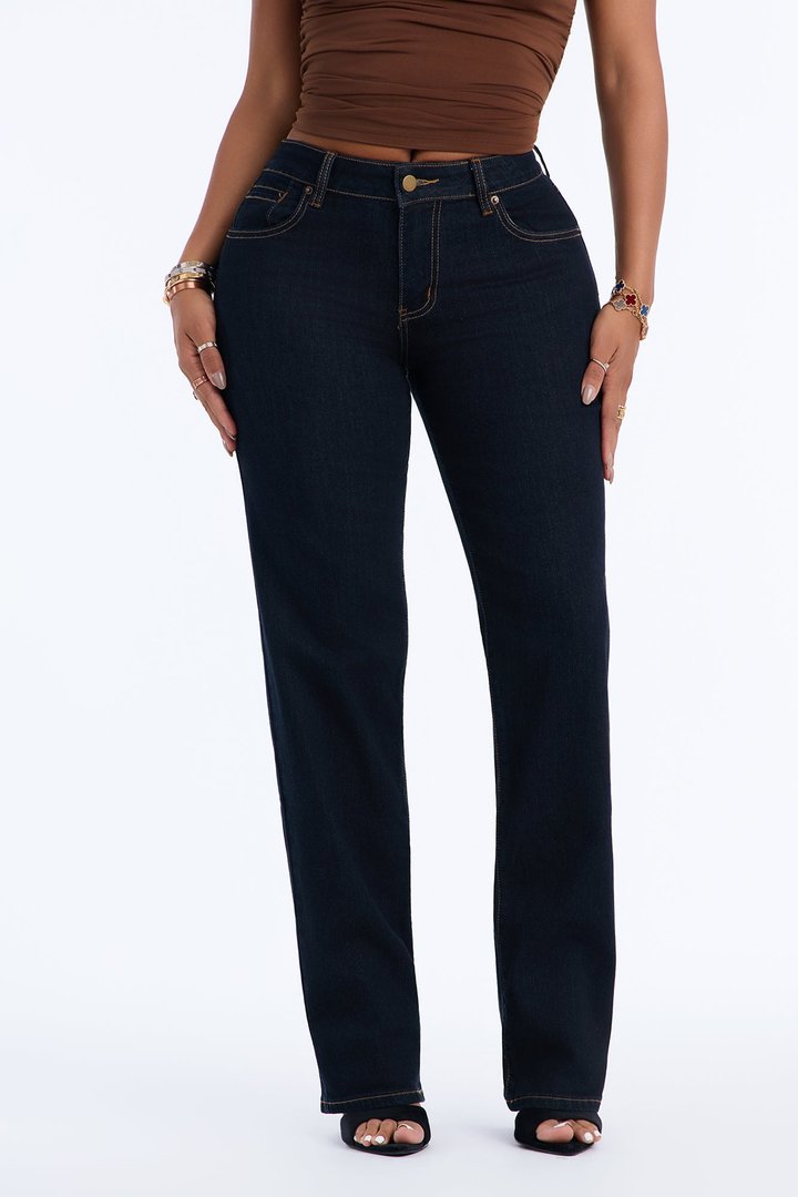 Favorita Mid Waist Stretch Straight Leg Jeans - Dark Denim