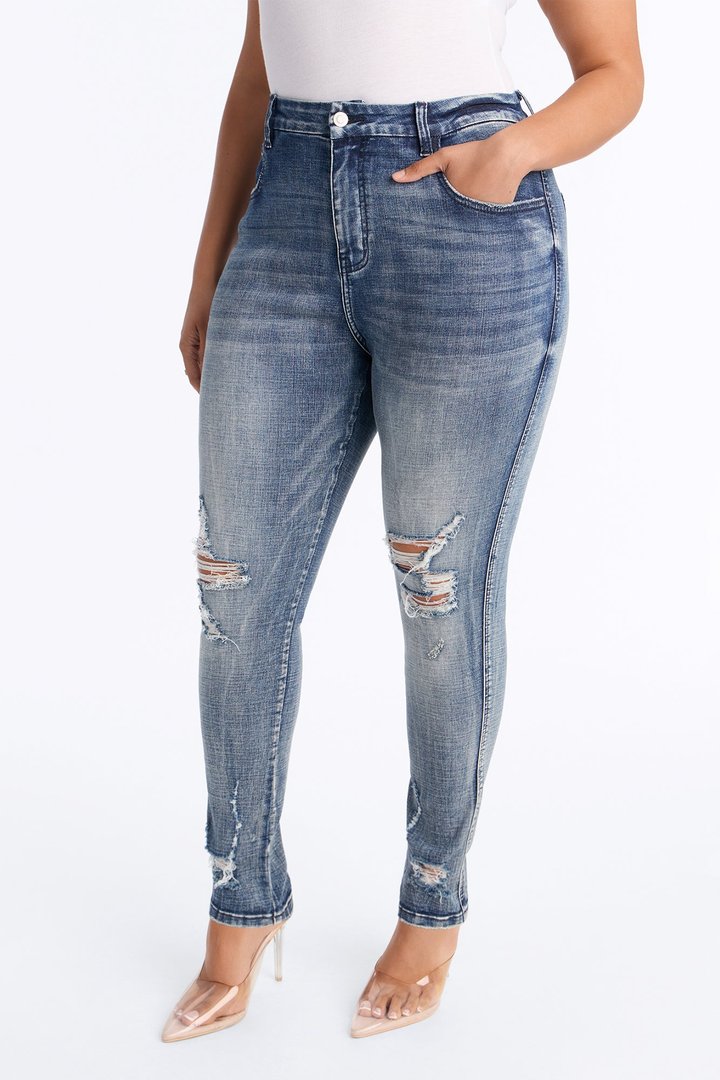 Long Story Short Ripped Sculpting Stretch Skinny Jeans - Medium Wash
