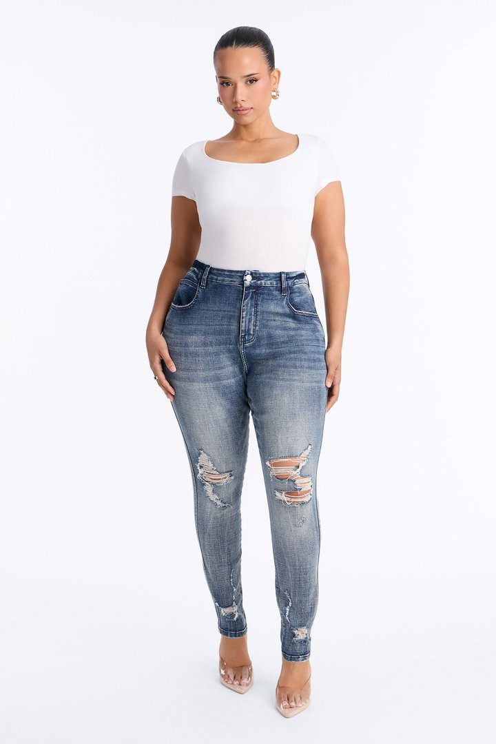Long Story Short Ripped Sculpting Stretch Skinny Jeans - Medium Wash