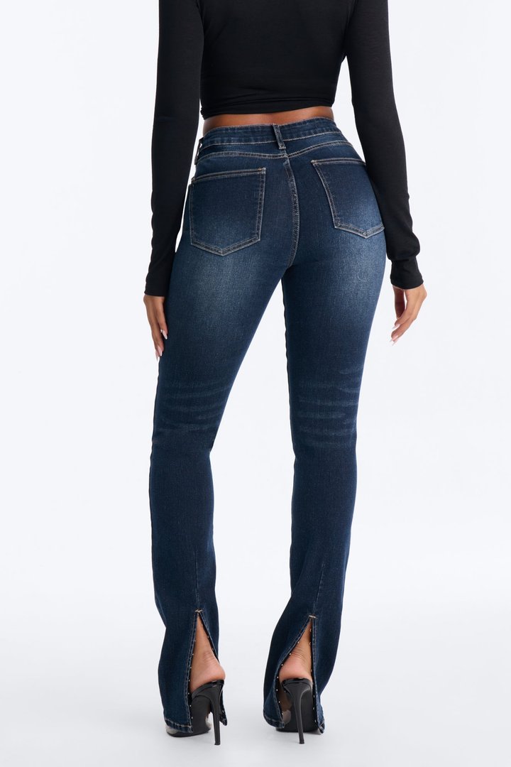 New York Back Slit Stretch Skinny Jeans - Dark Wash