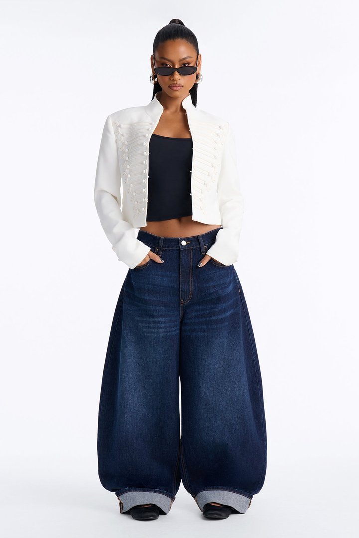 Nowhere To Be Drop Waist Cuffed Balloon Jeans - Dark Wash