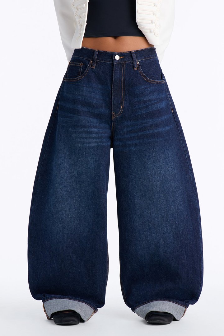 Nowhere To Be Drop Waist Cuffed Balloon Jeans - Dark Wash