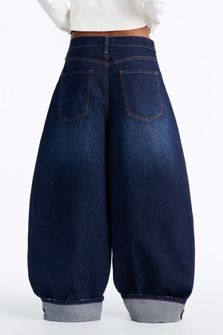 Nowhere To Be Drop Waist Cuffed Balloon Jeans - Dark Wash