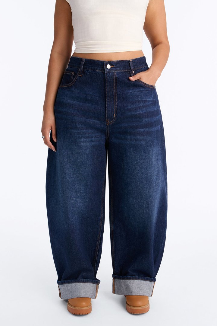 Nowhere To Be Drop Waist Cuffed Balloon Jeans - Dark Wash