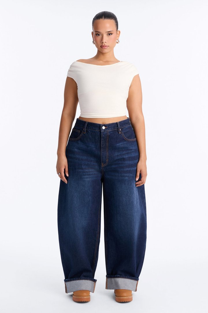 Nowhere To Be Drop Waist Cuffed Balloon Jeans - Dark Wash