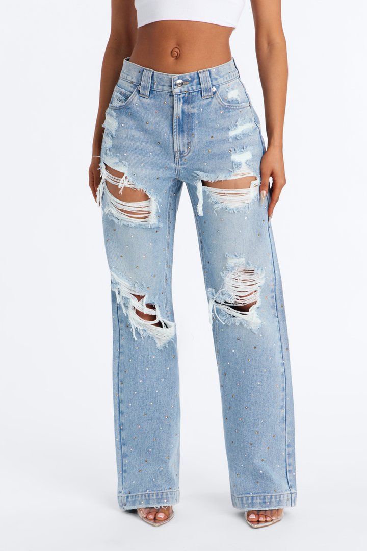 Shining Bright Embellished Ripped Straight Leg Jeans - Medium Wash