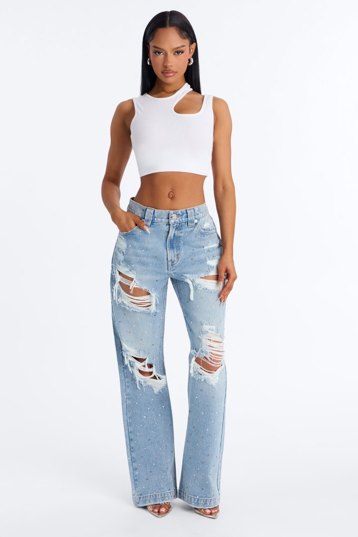 Shining Bright Embellished Ripped Straight Leg Jeans - Medium Wash