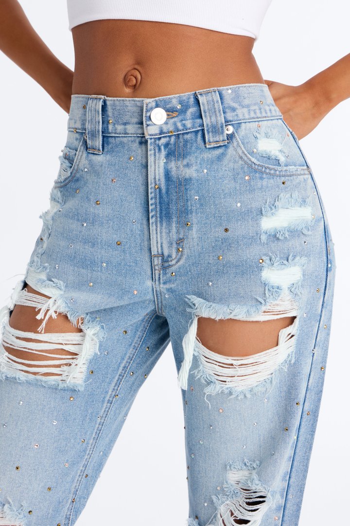 Shining Bright Embellished Ripped Straight Leg Jeans - Medium Wash