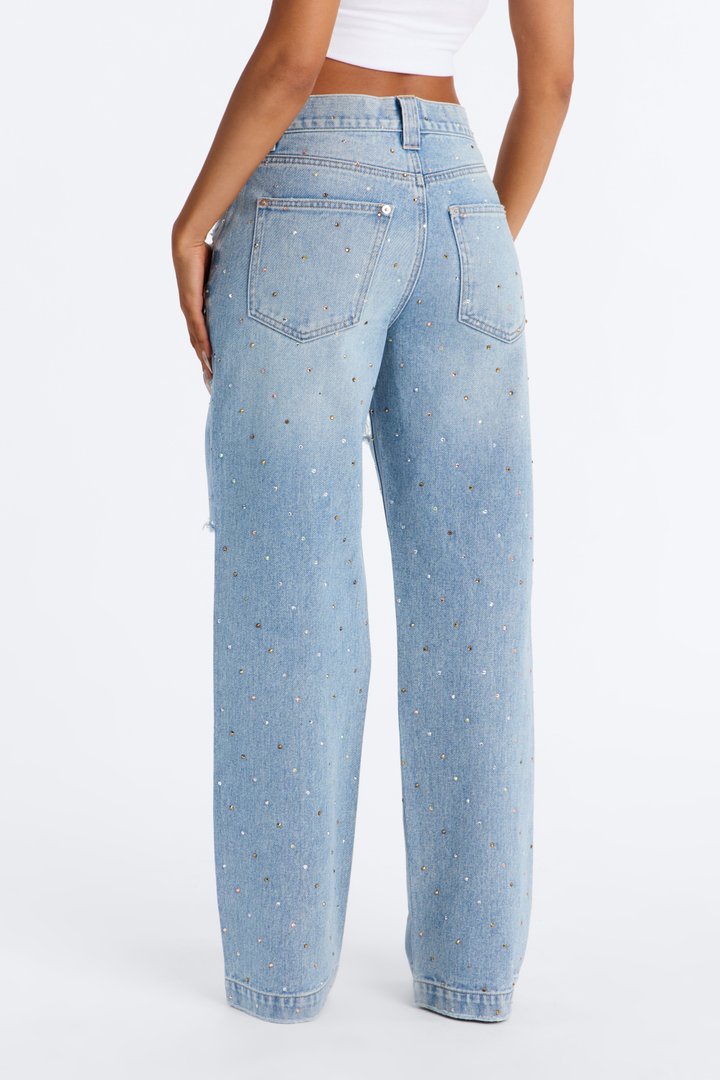 Shining Bright Embellished Ripped Straight Leg Jeans - Medium Wash