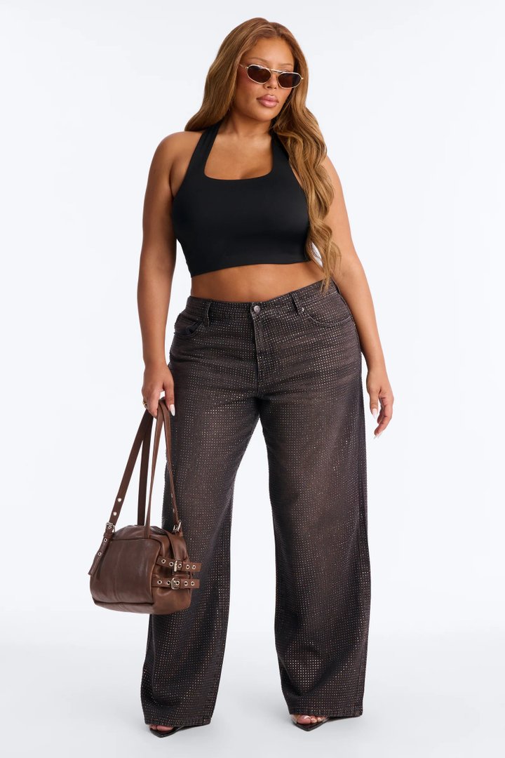 Show Up Rhinestone Embellished Wide Leg Jeans - Brown