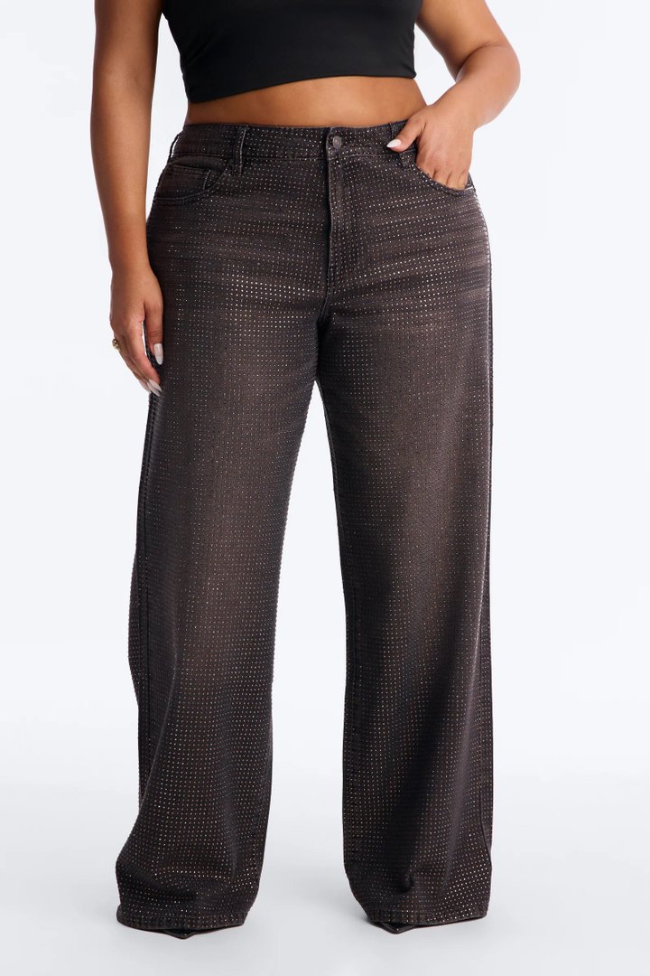 Show Up Rhinestone Embellished Wide Leg Jeans - Brown