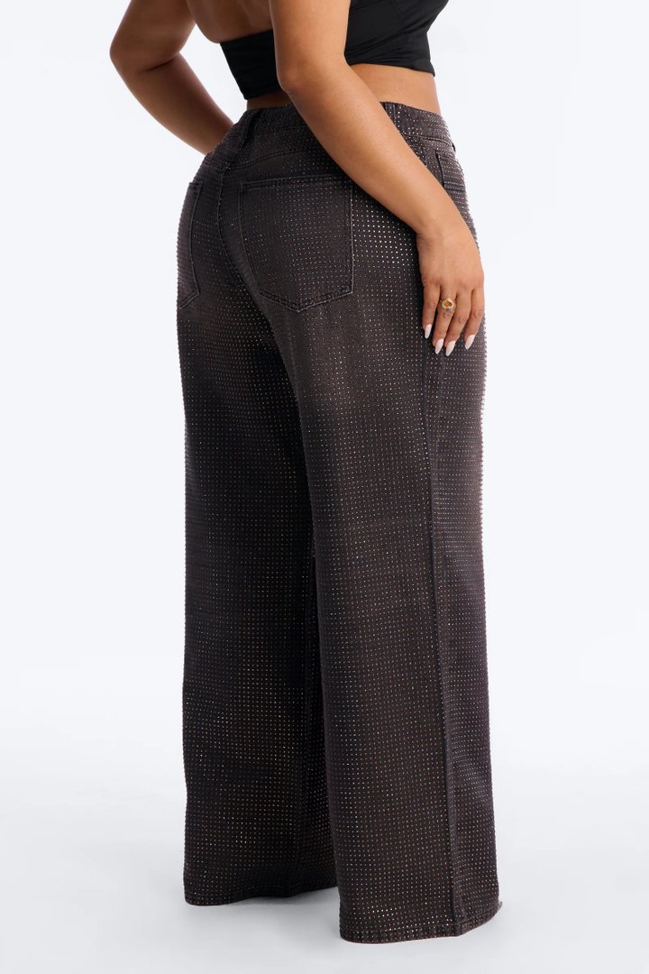 Show Up Rhinestone Embellished Wide Leg Jeans - Brown