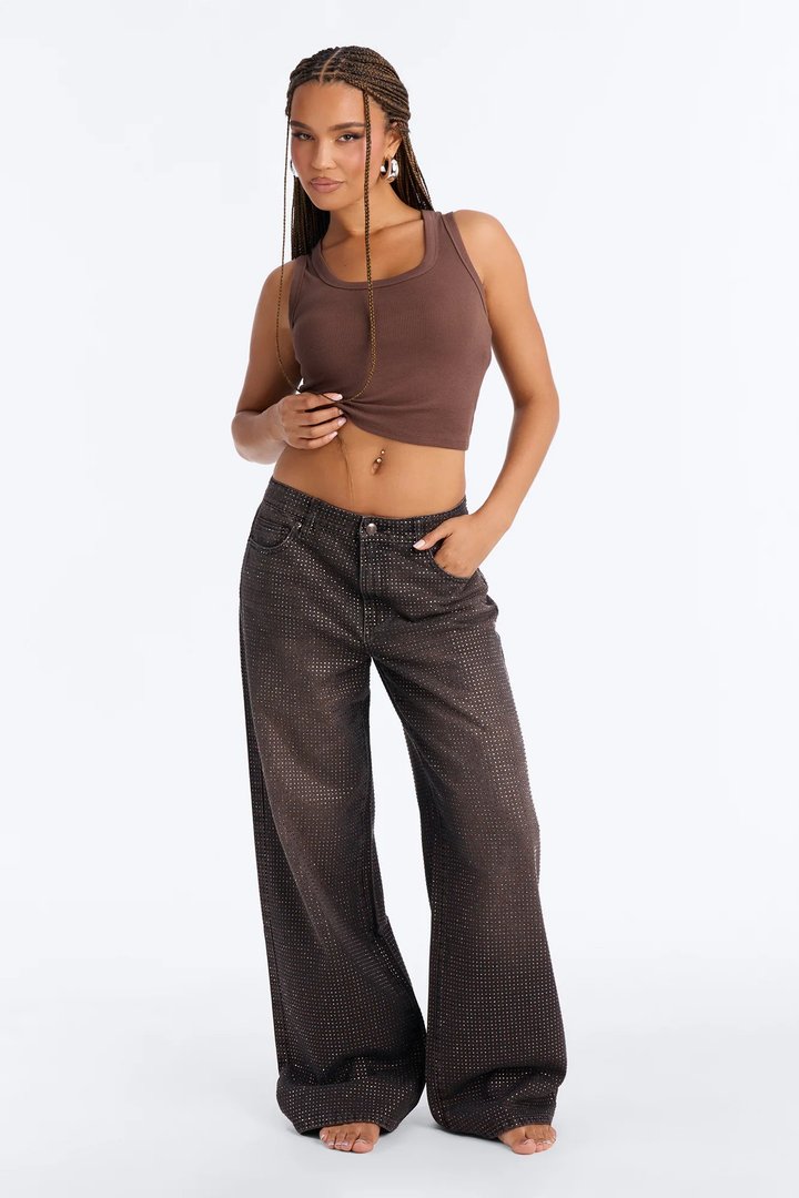 Show Up Rhinestone Embellished Wide Leg Jeans - Brown