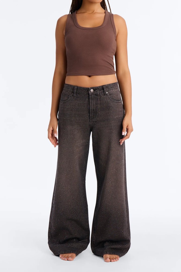 Show Up Rhinestone Embellished Wide Leg Jeans - Brown