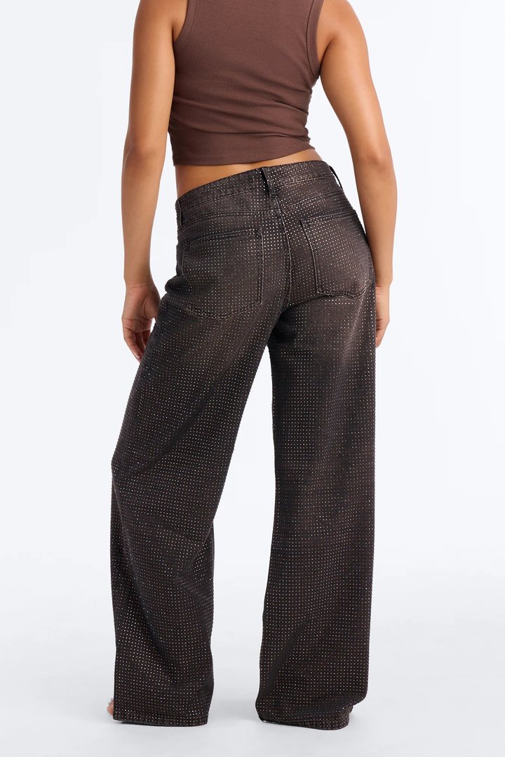 Show Up Rhinestone Embellished Wide Leg Jeans - Brown