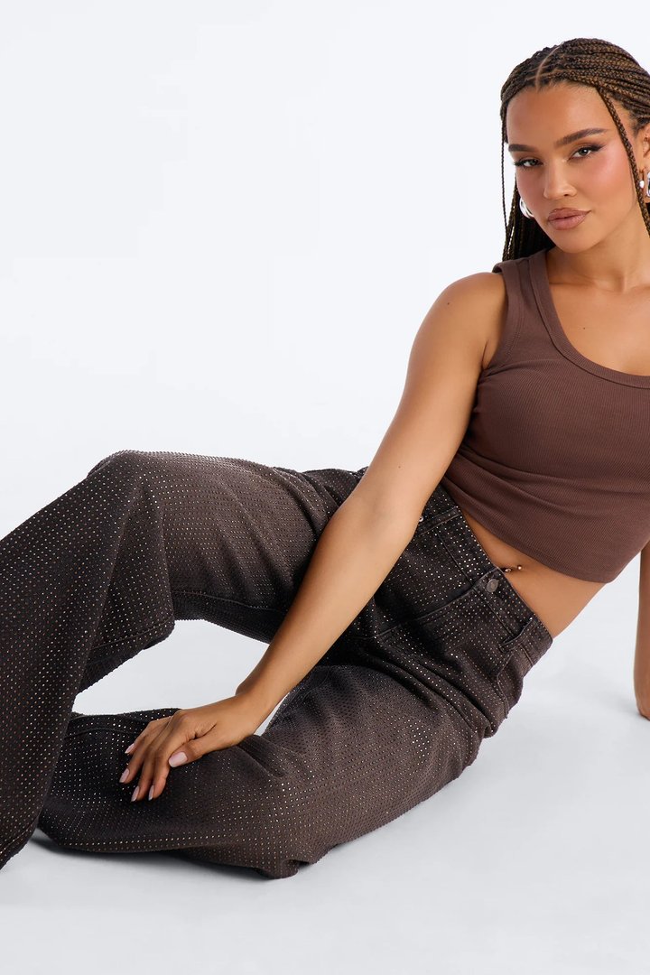 Show Up Rhinestone Embellished Wide Leg Jeans - Brown