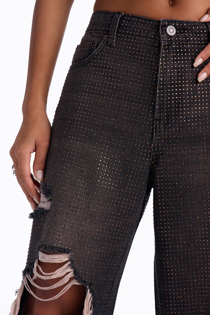 Show Off Rhinestone Embellished Ripped Wide Leg Jeans - Brown