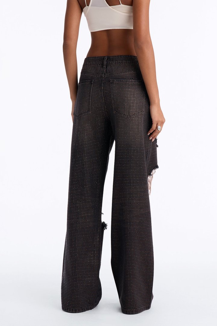 Show Off Rhinestone Embellished Ripped Wide Leg Jeans - Brown