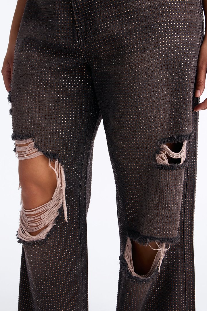 Show Off Rhinestone Embellished Ripped Wide Leg Jeans - Brown