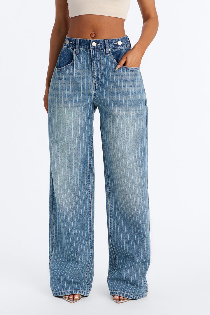 Legendary Striped Waist Adjuster Baggy Jeans - Vintage Wash
