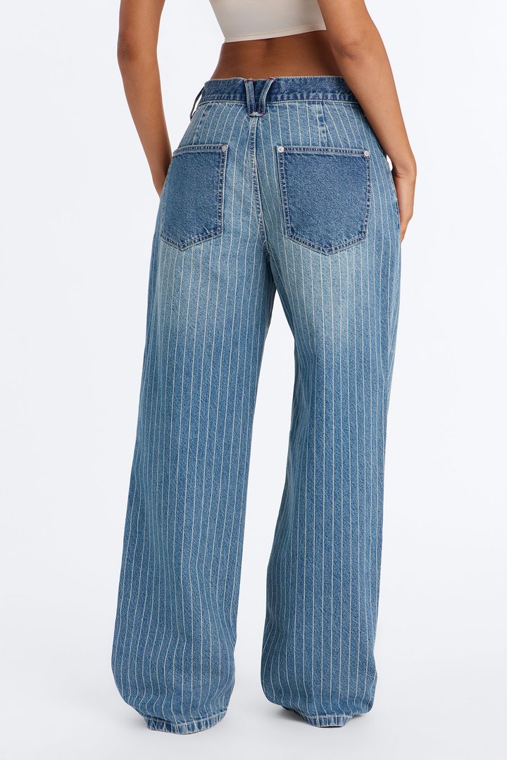 Legendary Striped Waist Adjuster Baggy Jeans - Vintage Wash