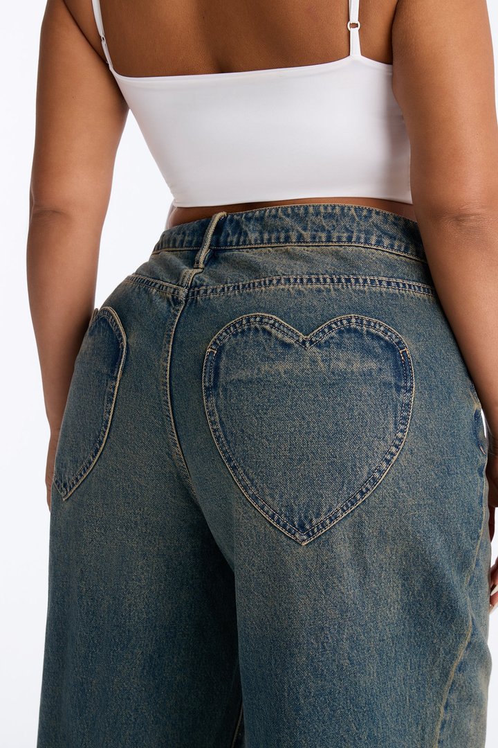 Match Made In Heaven Baggy Heart Jeans - Dark Wash