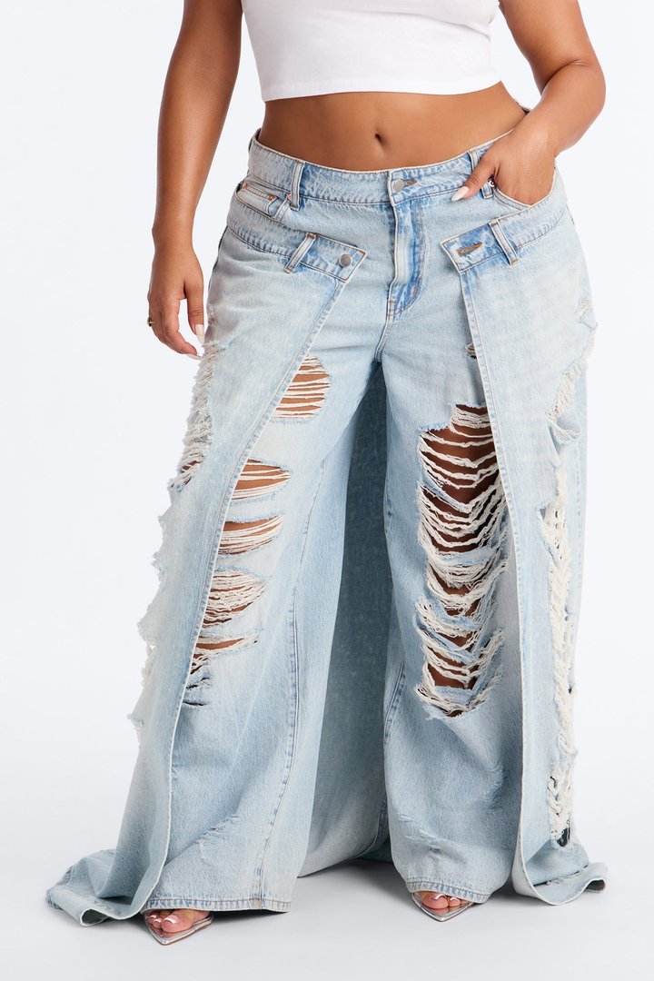 Double Entendre Overlay Ripped Jeans - Light Wash