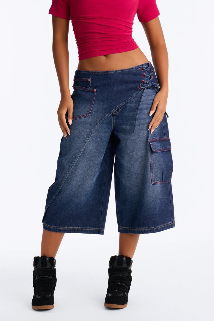 Left Unsaid Cargo Lace Up Overlay Culotte Jeans - Dark Wash