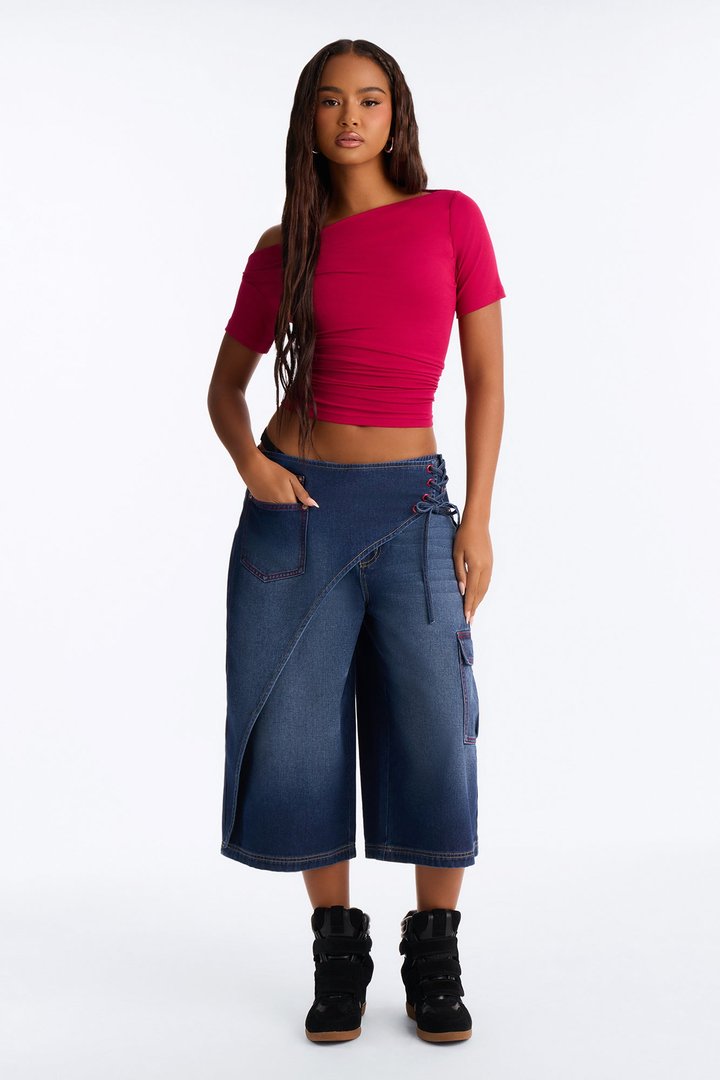 Left Unsaid Cargo Lace Up Overlay Culotte Jeans - Dark Wash