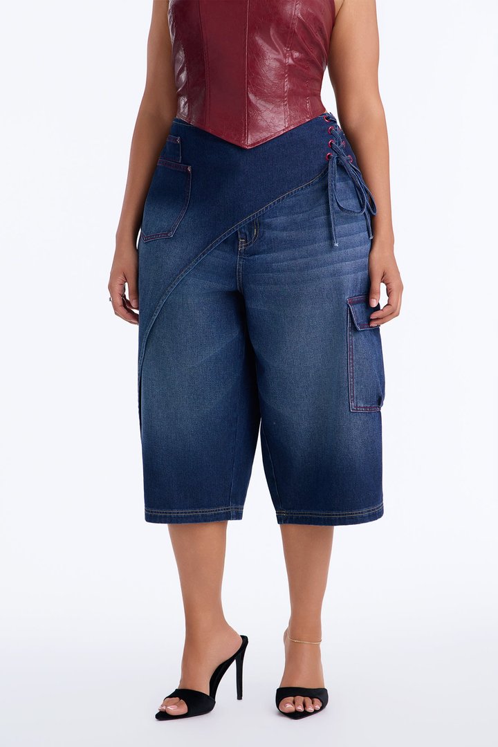 Left Unsaid Cargo Lace Up Overlay Culotte Jeans - Dark Wash