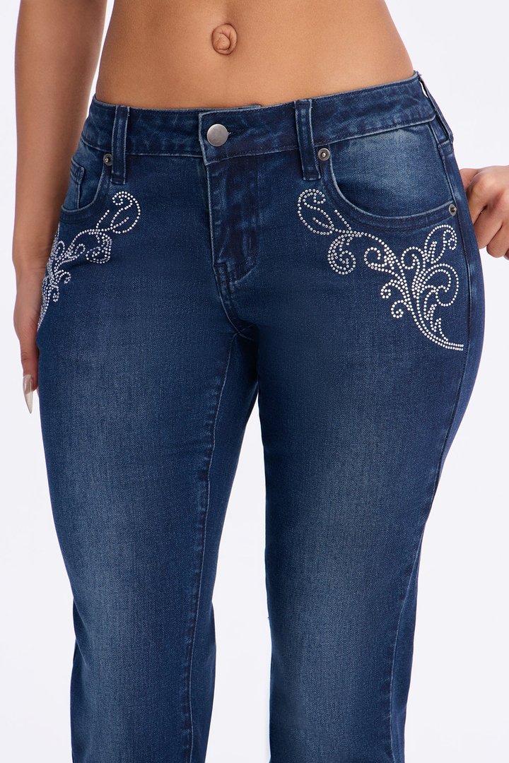 Nashville Charm Low Rise Embellished Stretch Bootcut Jeans - Dark Wash