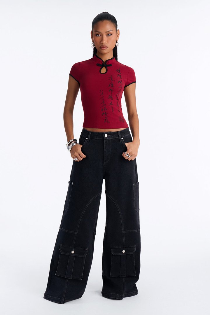 Hayley High Rise Stretch Cargo Wide Leg Jeans - Black