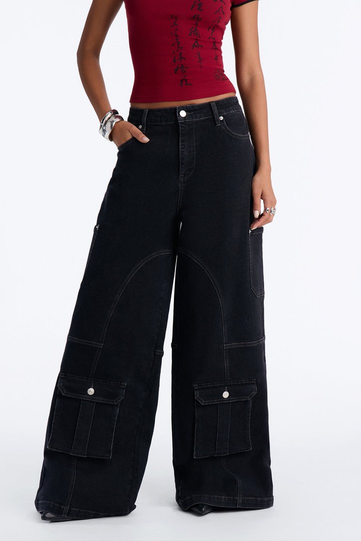 Hayley High Rise Stretch Cargo Wide Leg Jeans - Black