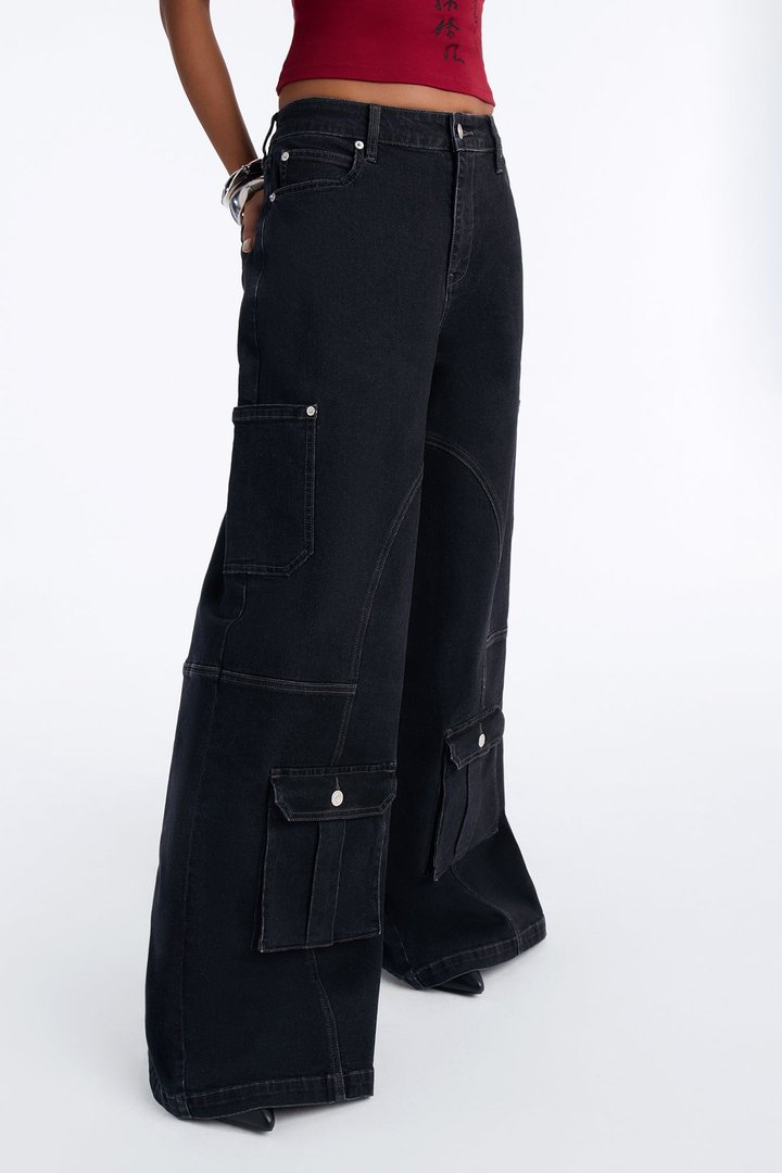 Hayley High Rise Stretch Cargo Wide Leg Jeans - Black