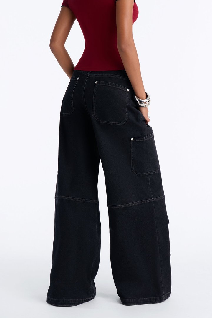 Hayley High Rise Stretch Cargo Wide Leg Jeans - Black