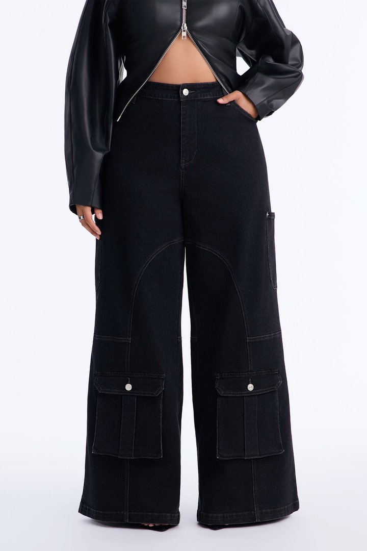 Hayley High Rise Stretch Cargo Wide Leg Jeans - Black