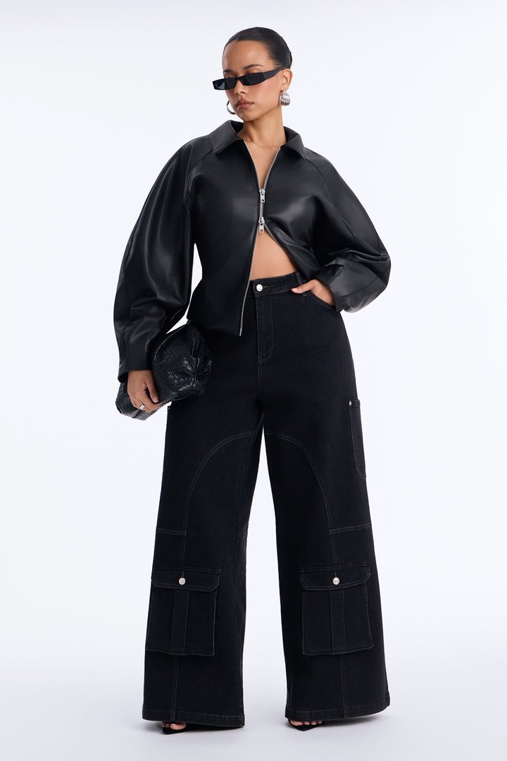 Hayley High Rise Stretch Cargo Wide Leg Jeans - Black
