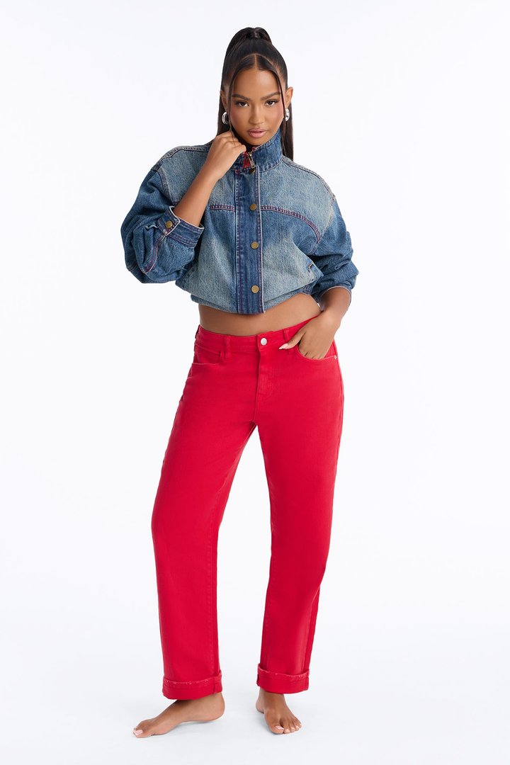 Smoke Signal Distressed Mom Jeans - Red